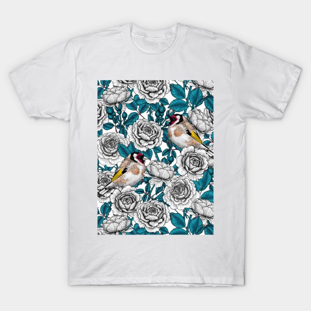 White rose flowers and goldfinch birds T-Shirt by katerinamk